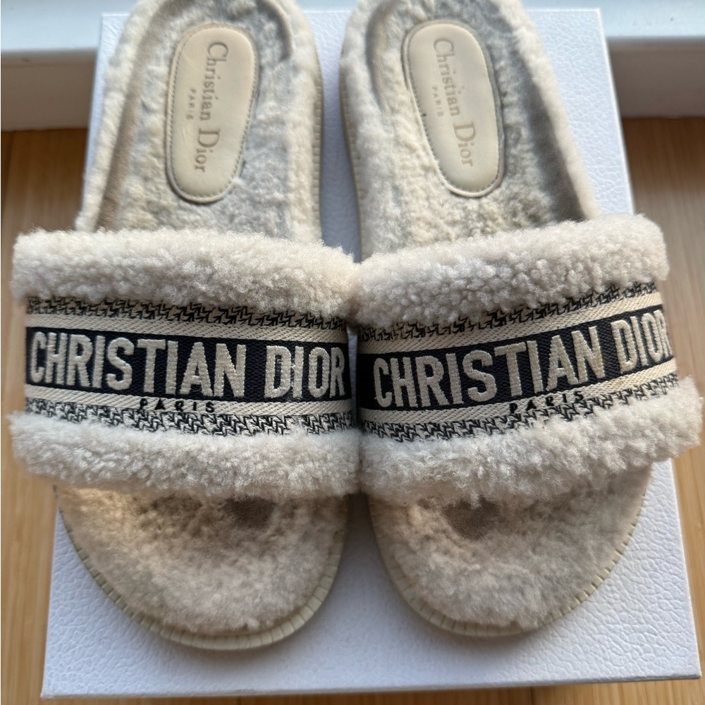 Dior Shearling Logo Slide Sandals in Cream and Black